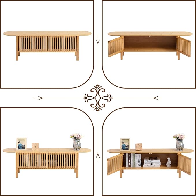 HollyHOME Bamboo TV Stand with Storage - Image 4