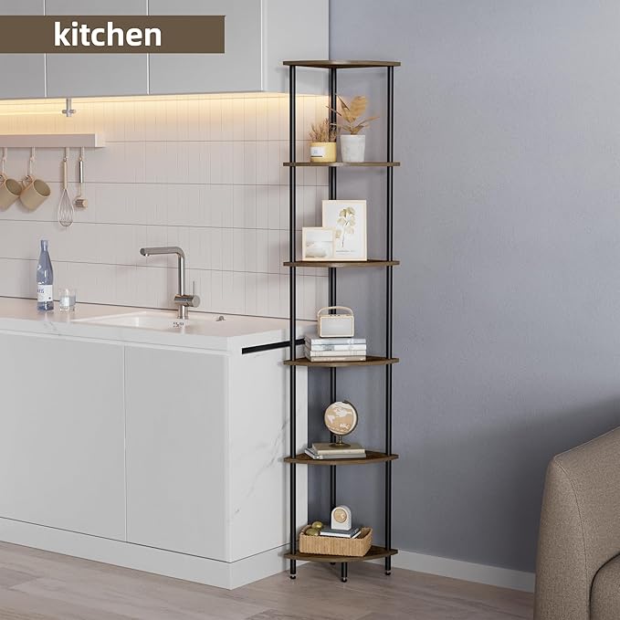 6 Tier Corner Shelf, Bookcase for Small Spaces, Corner Display Shelf, Plant - Image 4
