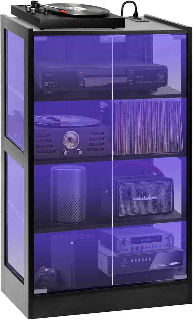 4-Tier Media Cabinet with LED Lighting, Audio/Video Stand Featuring Built-in by Qupui