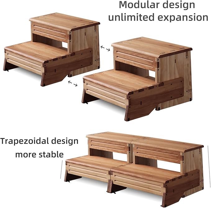 32" Wooden Two Step Stool for Adult & Kid, Deeper & Safer Bedside Steps - Image 7