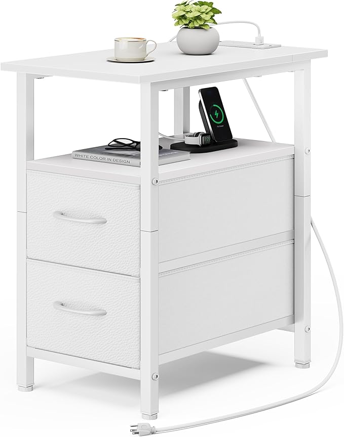 Vagusicc White End Table with Charging Station, Narrow Side Table, 23.8'' Tall by Vagusicc