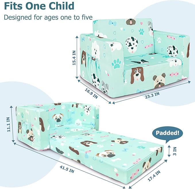Kids Couch, 2-in-1 Kids Fold Out Sofa, Convertible Toddler Couch to Lounger - Image 2
