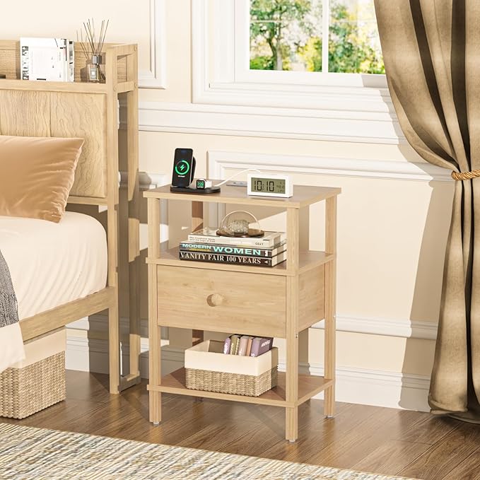 Lerliuo Nightstand with Charging Station and USB Ports, 3-Tier Storage End - Image 2