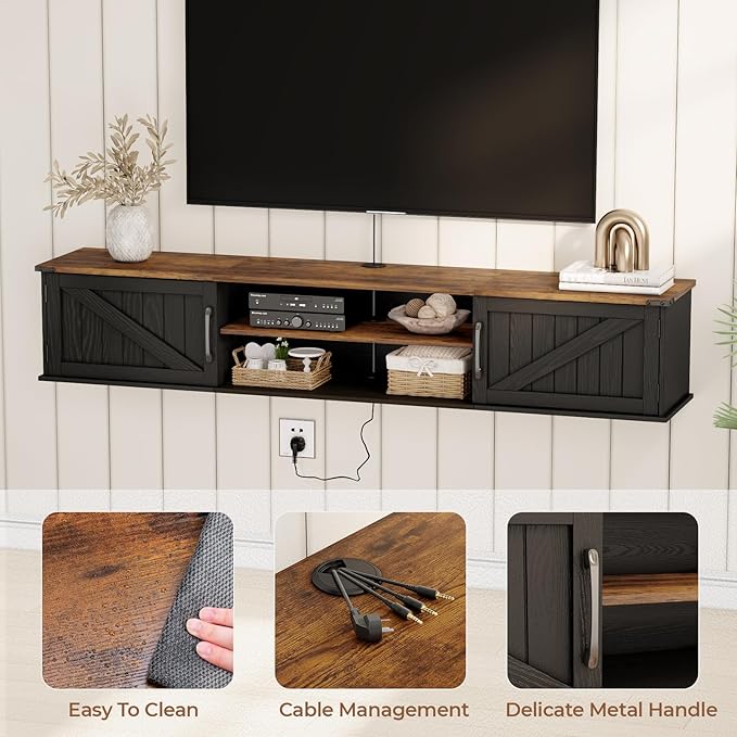 Floating TV Stand with Doors, 2 Tier Wall Mounted TV Stand, Floating - Image 6