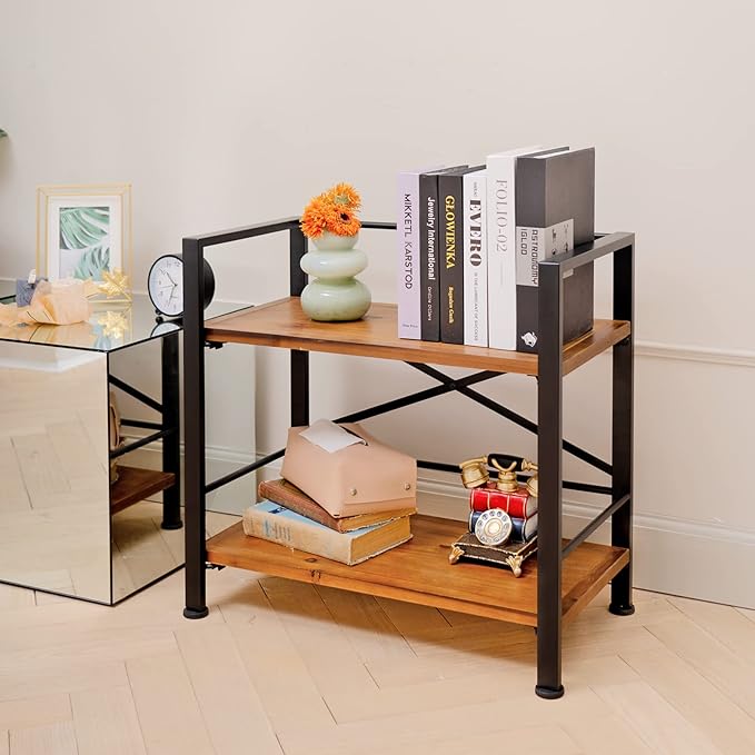 Crofy Rustic Bookshelf, 2 Tier Real Wood Bookshelf, Metal Book Shelf - Image 8