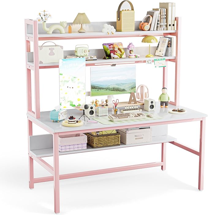 Aquzee Pink Desk with Hutch for Girls, 55in Computer Desk with Bookshelf for by Aquzee