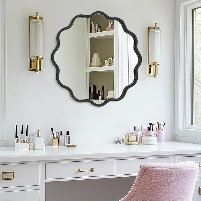 PROHOMEWARE Black Round Mirror 24 Inch Wavy Bathroom Vanity Mirror Black Frame - Image 7