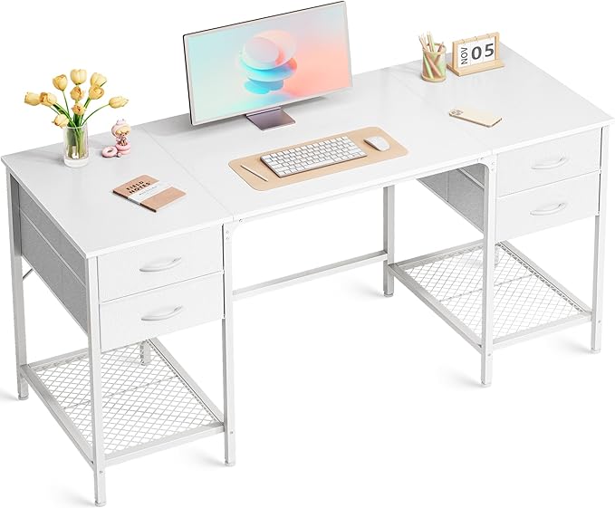 Huuger 55 Inch White Desk with 4 Drawers, Vanity Desk with Mesh Shelf by Huuger