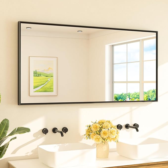 TETOTE Matte Black Beveled Framed Bathroom Mirror 60" x 30" Large Black by TETOTE
