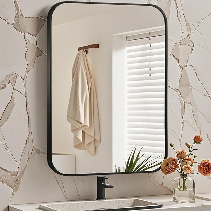 Matte Black Mirror, Metal Frame Rectangle Corner Vanity Mirror, Wall Mounted by JENBELY