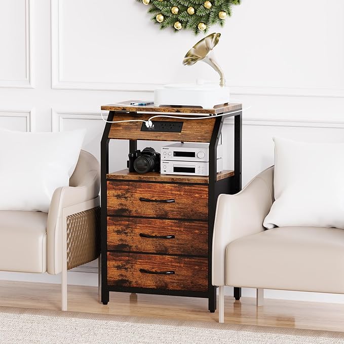 End Table with Charging Station, Nightstand with LED Lights and 3 Drawers - Image 2