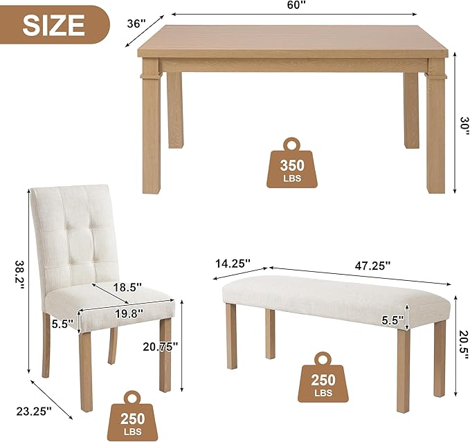Ball & Cast Dining Table Set for 6 W/Bench & 4 Upholstered Chairs, 6 Piece - Image 3