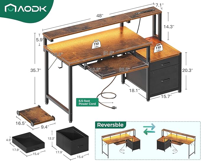 AODK Computer Desk with Drawers and Keyboard Tray, Reversible Study Work Desk - Image 3