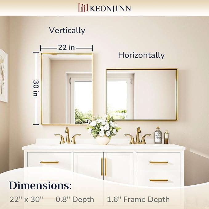 Keonjinn Brushed Shiny Gold Bathroom Mirror 22 x 30 Inch, Rectangle Gold Vanity - Image 7