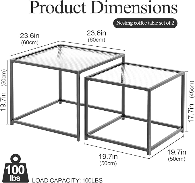 VILAWLENCE Coffee Table Set of 2, Modern Black Glass Side Table, Metal Frame - Image 2