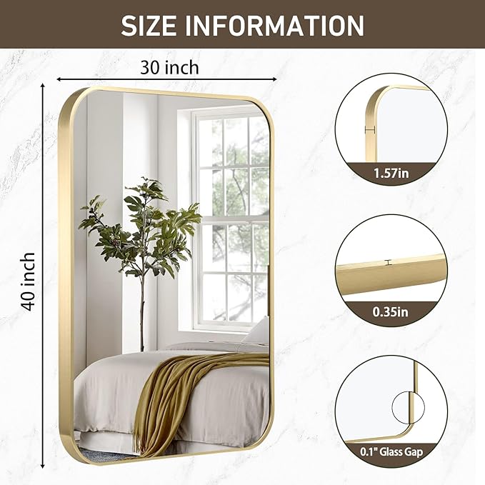 Gold Bathroom Mirror, 40x30 Inch Brushed Gold Mirror, Aluminum Alloy Framed - Image 5