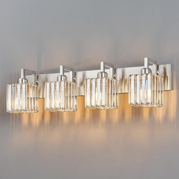 Modern Bathroom Vanity Light 4-Lights Brushed Nickel Vanity Light Crystal Wall by FDPBY