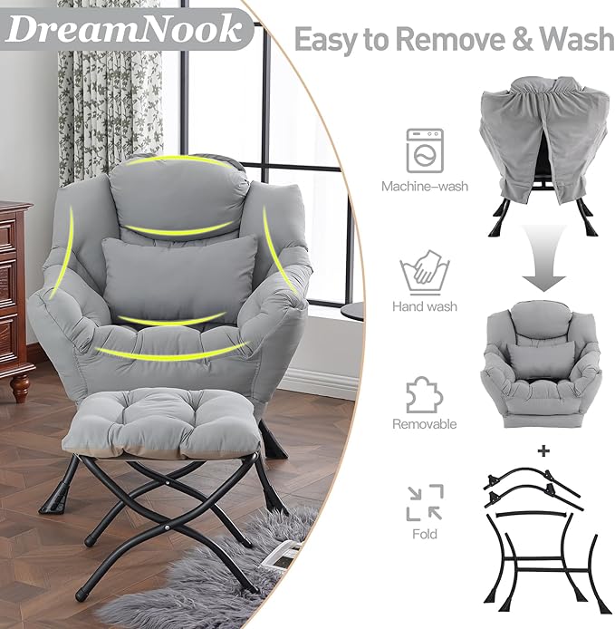 Lazy Chair with Ottoman, Modern Accent Chair with Lumbar Pillow, Comfy Chairs - Image 7