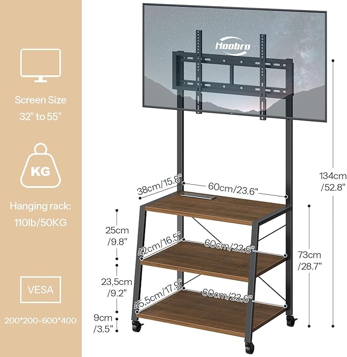 HOOBRO Rolling TV Stand with Mount and Power Outlet Up to 55 inch TV, Corner - Image 3