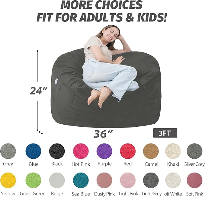3FT Bean Bag Chair with Ultra Soft Velvet Cover Bean Bag Sofa with Memory Foam - Image 2