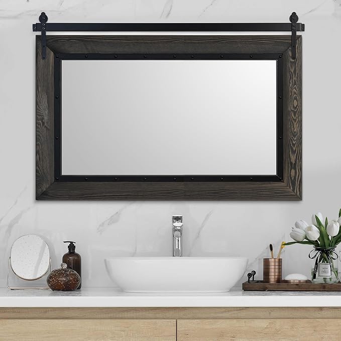 YOSHOOT Farmhouse Barn Door Mirror, Wood Frame Wall Mirror, Wooden Mirror by YOSHOOT
