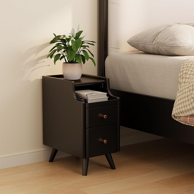 Small Nightstand with Drawers, Solid Wood Bedside Table, Narrow Walnut by AQIMUELE-Solidwoodfurniture