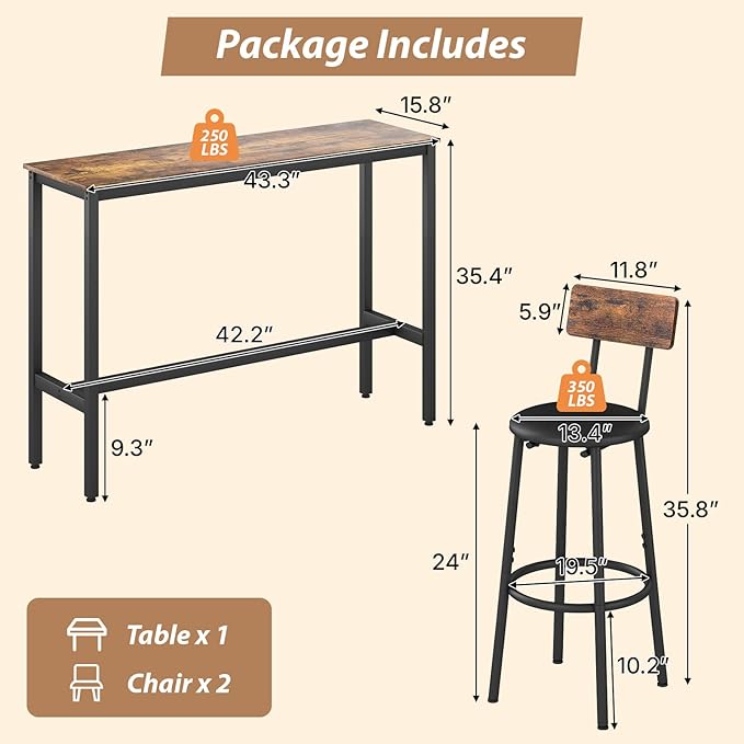 Dining Table Set for 2, 3-Piece Bar Table and Chairs Set, Kitchen Table and - Image 2
