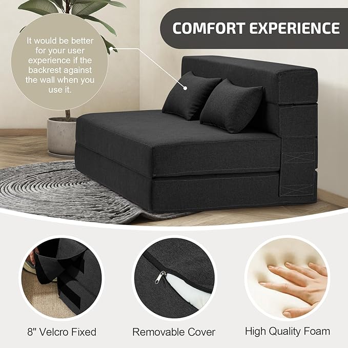 Folding Sofa Bed with Pillows- Convertible Chair Floor Couch & Sleeping Mattress - Image 4