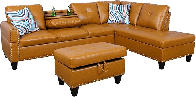 Osparple L Shaped Couch PU Leather Sectional Couch Upholstered 3 Pieces Sofas - Image 4