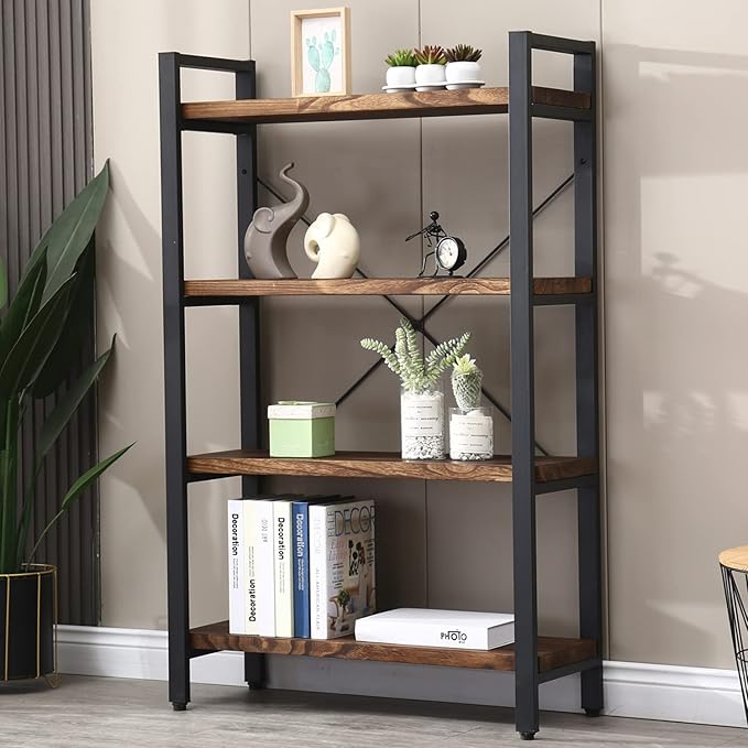 Solid Wood Bookshelf, 4-Tier Rustic Vintage Industrial Etagere Bookcase by WH-AOERPUMY