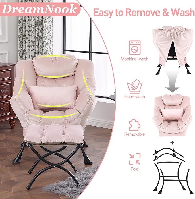 Lazy Chair with Ottoman, Modern Accent Chair with Lumbar Pillow, Comfy Chairs - Image 7