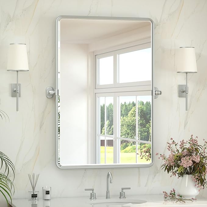 Keonjinn 24 x 36 in Silver Pivot Mirror, Satin Nickel Beveled Tilt Mirror by Keonjinn