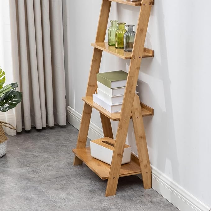 Maydear Bamboo Ladder Shelf Bookcase, 4-Tier Leaning Bookshelf Free Standing - Image 6