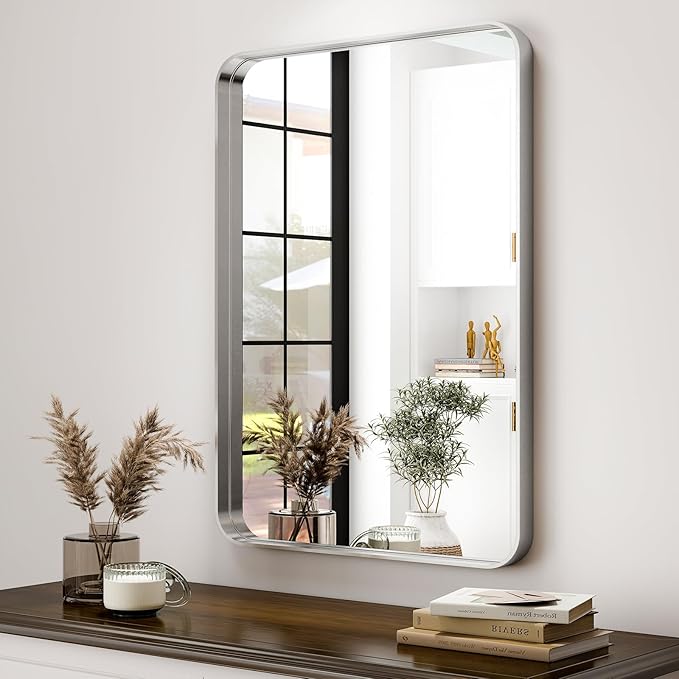 Silver Bathroom Mirror for Wall, 36x24 Inch Rectangular Aluminum Alloy Framed - Image 9