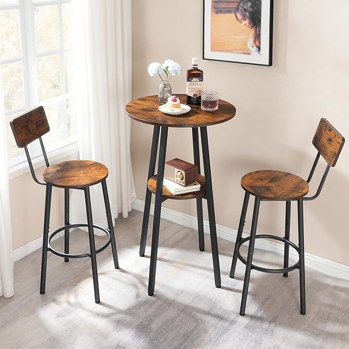 HOOBRO 3 Pieces Round Bar Height Table and Chairs Set, Round Dining Table Set - Image 2