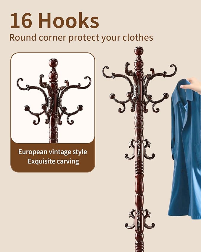 EZIVIEZ Wooden Coat Rack Stand, Solid Wood Freestanding Coat Rack, Vintage Coat - Image 6