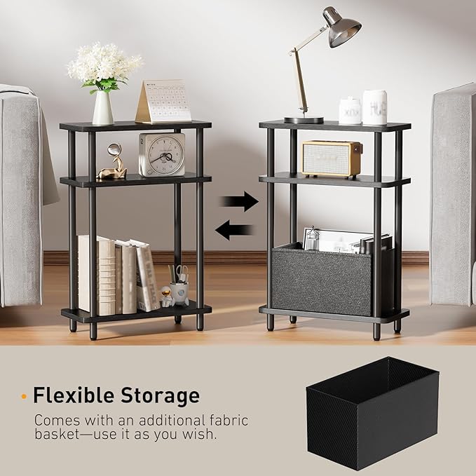 Narrow Side Table with Fabric Basket, 3 Tier Skinny End Table with Wood Legs - Image 4
