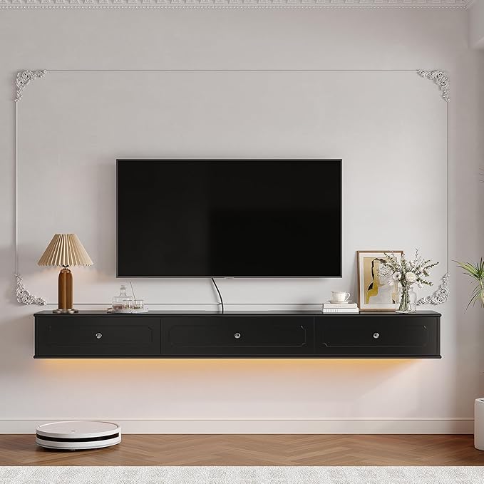 Retro Floating TV Console with 3 Doors, Wall Mounted TV Cabinet, Contemporary - Image 2