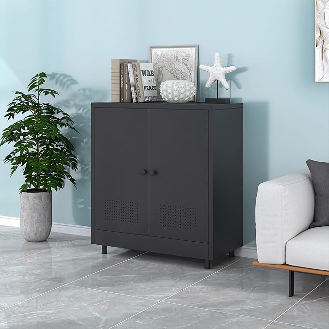 Metal Storage Cabinet with 2 Doors and Adjustable Shelf, Steel Accent Sideboard - Image 4
