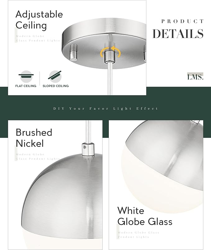 LMS Mid Century Pendant Lights, Brushed Nickel Kitchen Island Light Fixtures - Image 2