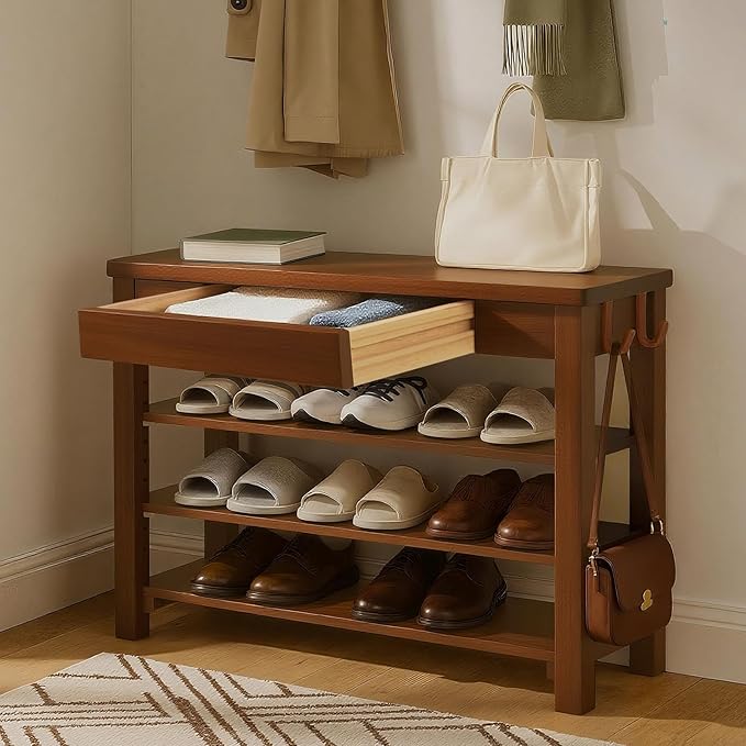 Wood Shoe Bench Entryway with Drawer: 3-Tiers Wooden Storage Shoe Rack with by Unknown