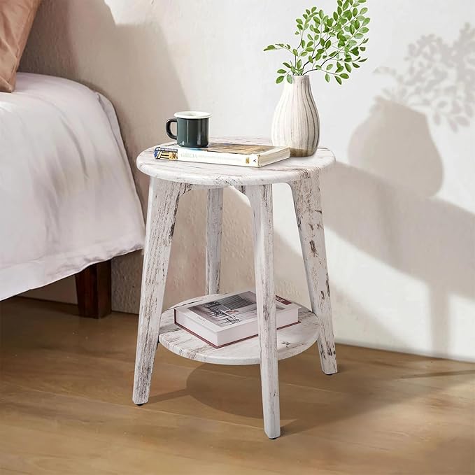 Farmhouse Round Side Table Rustic White Wooden End Table - Image 2