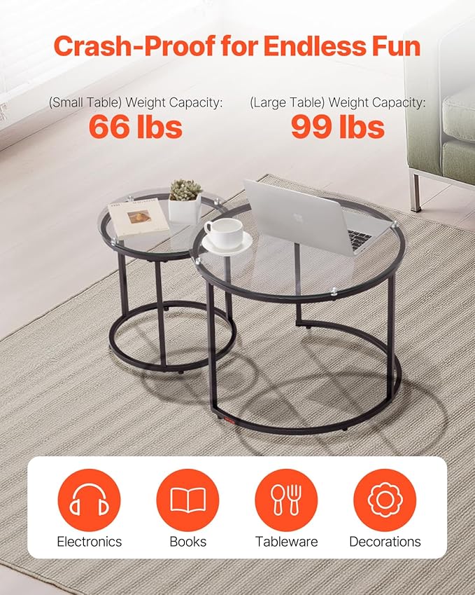 VEVOR Nesting Tables, Glass Coffee Table Set of 2, 23.6 inch Round Coffee Table - Image 7