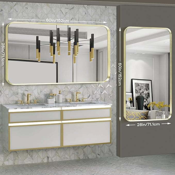 Wall Mount Mirror for Bathroom, Large Brushed Gold Metal Framed Rounded Corner - Image 3