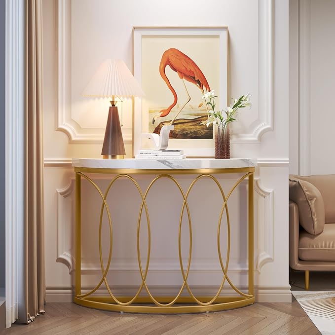 LITTLE TREE Half Moon Gold Console Table, 43 Inch Modern Faux Marble Entryway - Image 9