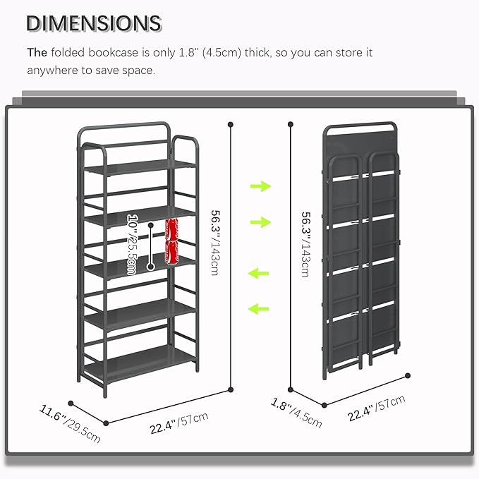 4NM No Assembly Folding Bookshelf 5 Tiers Vintage Industrial Black Book Shelf - Image 2