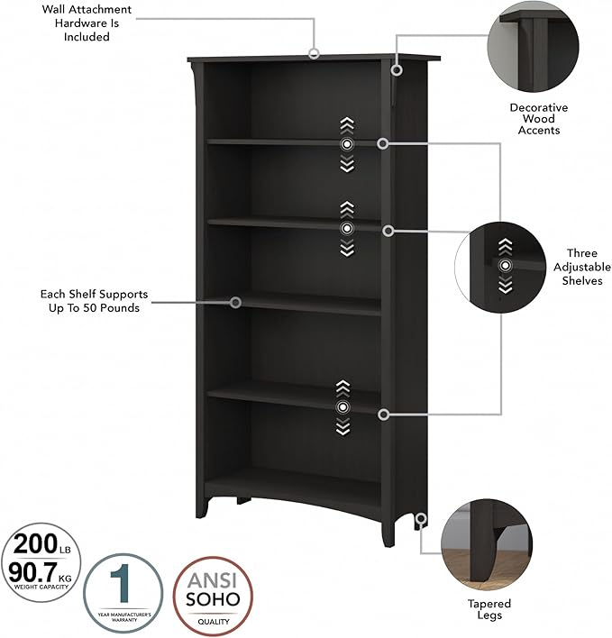 Bush Furniture Salinas 5 Shelf Bookcase In Vintage Black, Tall Bookshelf - Image 4