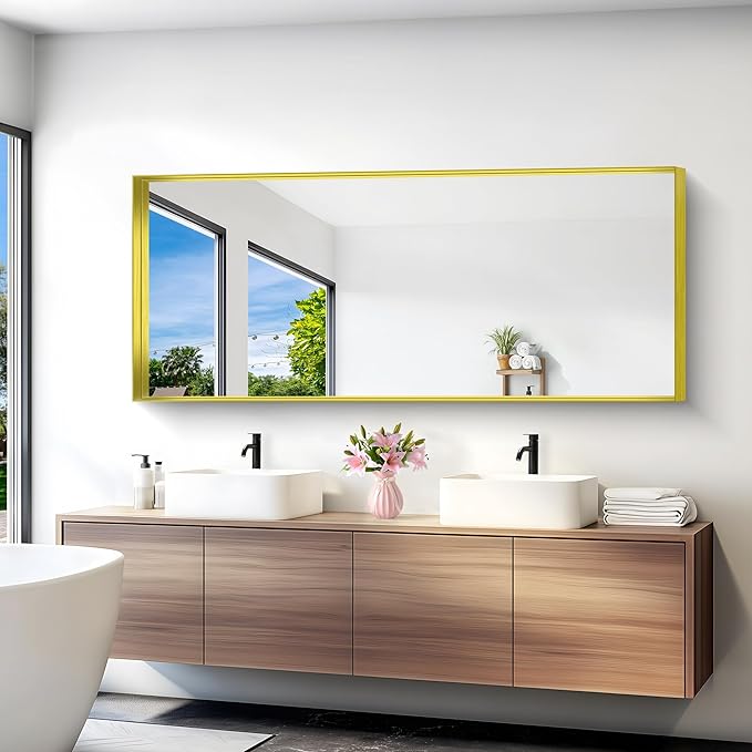 Gold Bathroom Mirror, 72x30 Inch Rectangular Framed Mirror, Large Wall Mounted - Image 2
