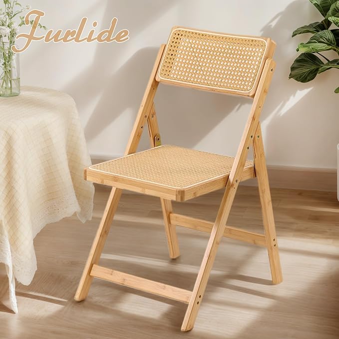 Rattan Folding Chair, Modern Mid Century Dining Chair Set of 1, Outdoor Bamboo - Image 2