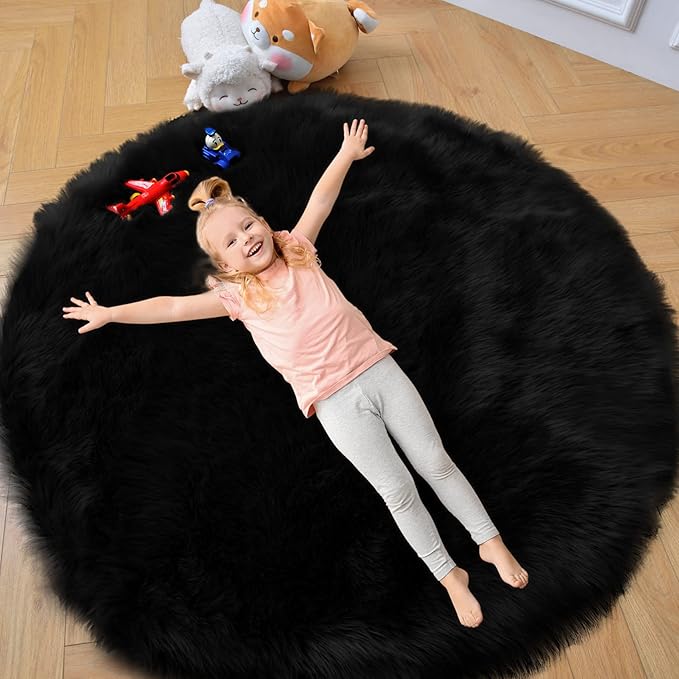 duduta Black Faux Sheepskin Round Rug 4x4 ft, Fluffy Shag Fur Bedroom Nursery - Image 4